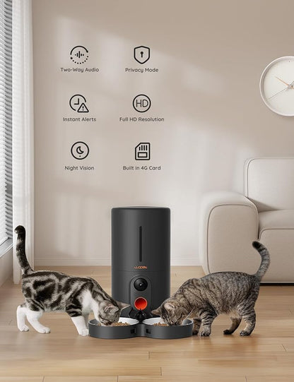 WOPET Automatic Cat Feeder with Camera for Two Cats, 6L Automatic Dog Feeder with HD Video and Night Vision, 5G/2.4G WiFi Pet Feeder for Cats &amp; Dogs, SD Card Storage &amp; 2-Way Audio