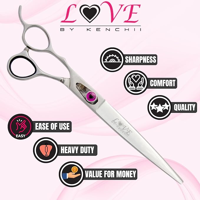 Kenchii Love Left Handed Dog Grooming Scissors, 8 Inch Straight Shears, Dog Scissors for Grooming, Professional Pet Grooming Scissors, Ergonomic &amp; Comfortable