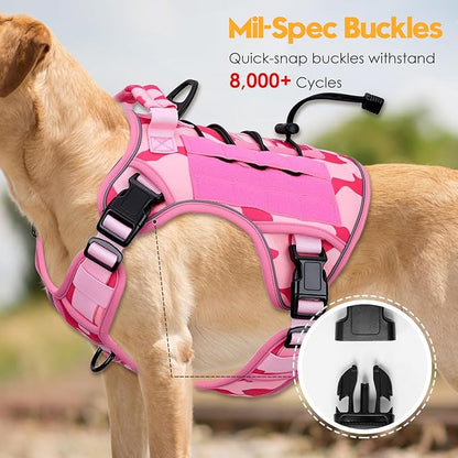 Heavy-Duty Tactical Dog Harness for Large Dogs, No Pull Adjustable Reflective Pet Vest with Molle System, K9 Military-Grade Control for Service Training, Outdoor &amp; 10+ Breeds, Pink Camo, X-Large
