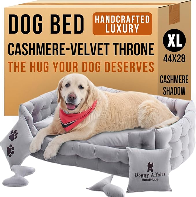 Luxury Dog Bed Chesterfield – Handcrafted Velvet Throne for Dogs | Joint Support, Calming &amp; Temp-Regulating Comfort | Durable 5+ Years, Anti-Claw, Washable 100+ Times – XL, Grey