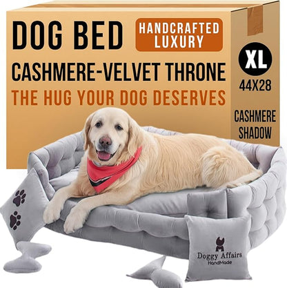 Luxury Dog Bed Chesterfield – Handcrafted Velvet Throne for Dogs | Joint Support, Calming &amp; Temp-Regulating Comfort | Durable 5+ Years, Anti-Claw, Washable 100+ Times – XL, Grey