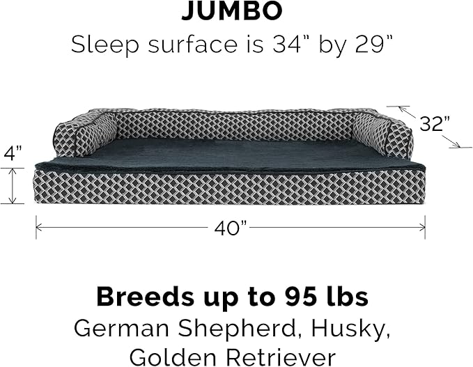 Furhaven Memory Foam Dog Bed for Large Dogs w/ Removable Bolsters &amp; Washable Cover, For Dogs Up to 95 lbs - Plush &amp; Woven Decor Comfy Couch Sofa - Diamond Gray, Jumbo/XL