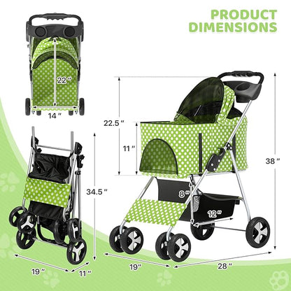 Magshion Foldable Pet Stroller, 3-in-1 Dog Travel Jogger with Detachable Carrier, Cup Holder, Storage Basket, Folding Carrier for Small/Medium Dogs &amp; Cats Up to 33 lbs, Lawn Green Polka Dots