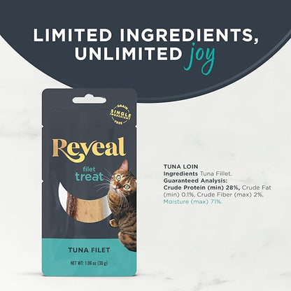 Reveal Natural Cat Treats, 6 Count Single Ingredient Treat for Cats, Grain Free, Whole Tuna Loin, 1.06 oz Bags