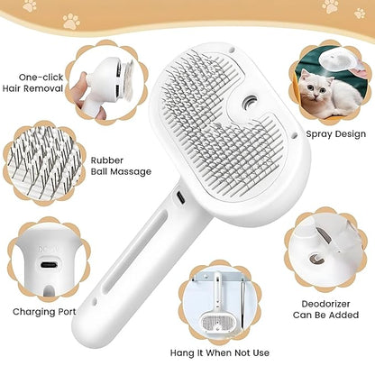 4 in 1 Cat Steam Brush: steam brush for cats, Grooming, Shedding, Mist Spray, Hair Removal Comb &amp; Massager, USB Rechargeable Self Cleaning cat steam brushes for indoor cats - White