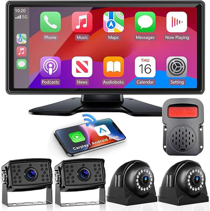 RV Backup Camera with Carplay Android Auto for RV Horse Trailer Semi Box Truck,1080P HD 4 Splits 10.36" Touch Monitor Rear/Side Backup Cameras with Mirror Link FM Waterproof Night Vision DVR Recording