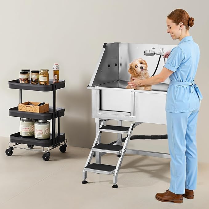VEVOR Stainless Steel Dog Washing Station, 38 inch Pet Grooming Tub w/Storage Stairs, Faucet &amp; Showerhead &amp; Soap Holder Dog Bathtub for Medium &amp; Small Pets (Left Door)