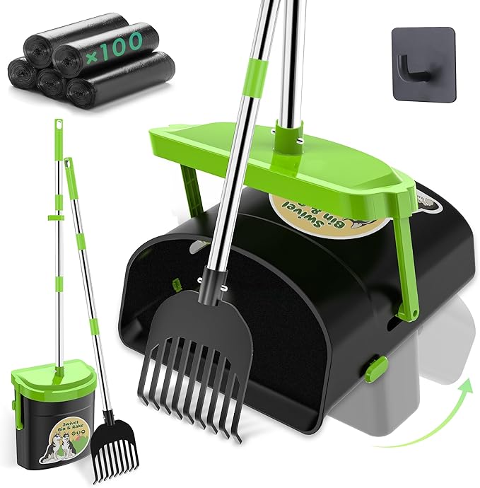 UPSKY Dog Pooper Scooper Swivel Bin &amp; Rake Kit with 100 Waste Bags,33.4" Stainless Steel Long Handle Heavy Duty Pet Poop Shovel for Large Medium Small Dogs, Odor-Proof Lid for Yard/Lawn/Outdoor Use
