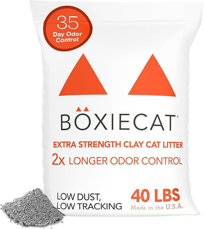 Boxie® Extra Strength 35 Day Odour Control Clumping Clay Cat &amp; Kitty Litter 40lb, 99.9% Dust-Free, Probiotic Formula, Long-Lasting, Veterinarian Approved, Easy Scooping for Multi-Cat Homes