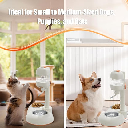 Pet Bowls,15°Tilted Puppy Food Bowls with Puppy Weaning Bottles,3 in 1 Height Adjustable Water Dispenser for Dogs,Pet Food Bowls for Ferrets,Cats,Rabbits and Small Sized Dogs(White)