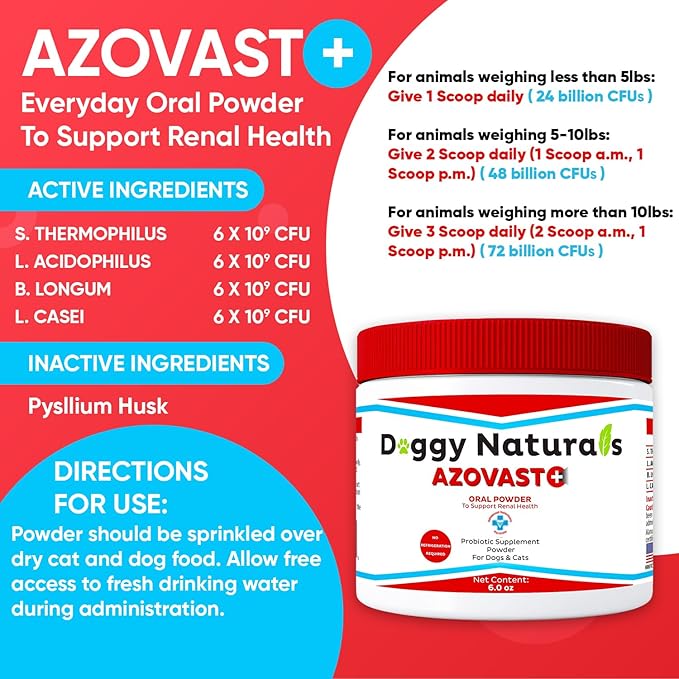 Azovast Plus Kidney Health Supplement for Dogs &amp; Cats, Oral Powder (12 Oz) - (240 Doses/ 2 Jar) NO Refrigeration Required - Help Support Kidney Function &amp; Manage Renal Toxins(U.S.A)(12 Oz (2 Pack))