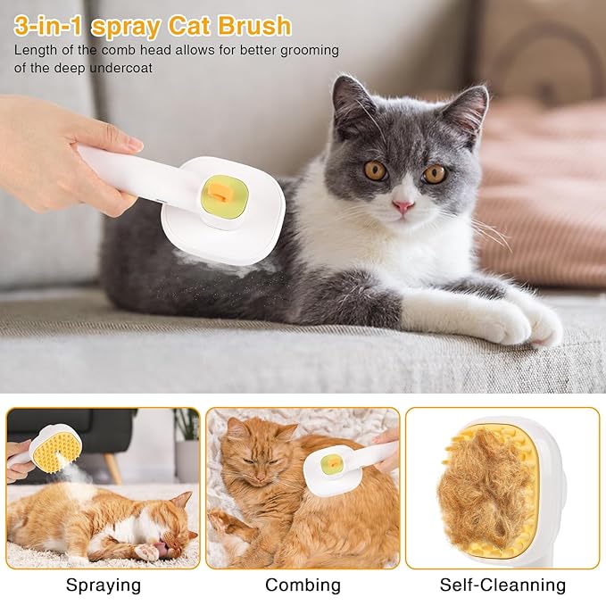 3-in-1 Cat &amp; Dog Steam Brush – USB Rechargeable Spray Grooming Comb with Silicone Teeth – Anti-Static, Shedding Control &amp; Massaging for All Hair Types Long/Short Hair Pets (Green)