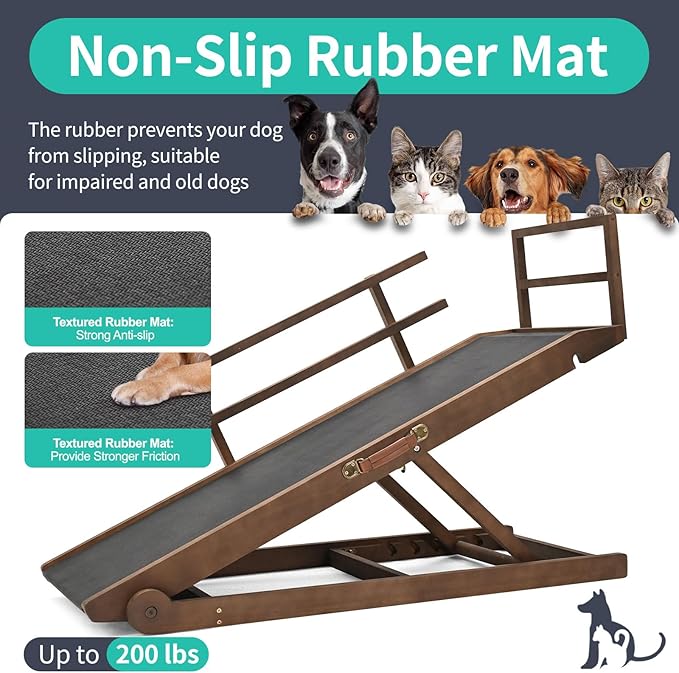 Dog Ramp, 5 Level Adjustable Height Folding Pet Ramp for High Bed, Portable Paw Ramps Large Bed Ramp for Medium &amp; Large Old Dogs &amp; Cats - Natural Wood Furniture Quality