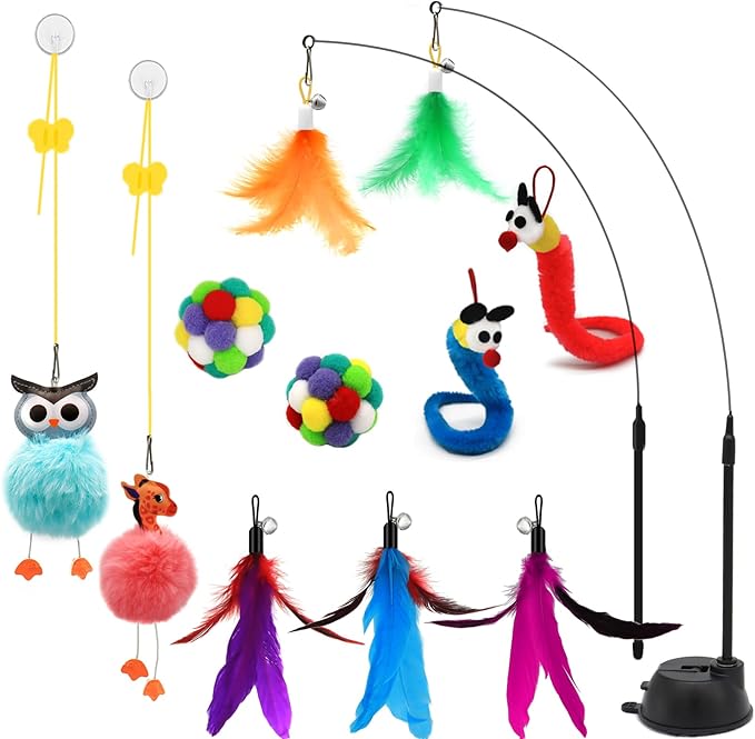 4-in-1 Interactive Cat Toys Set with Suction Cup Wand, Hanging Cat Toys, Fishing Pole Cat Wand &amp; Kitten Balls- Includes Variety Replaceable Worms, Feathers for Indoor Bored Cats for Exercise