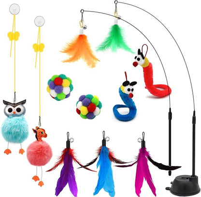 4-in-1 Interactive Cat Toys Set with Suction Cup Wand, Hanging Cat Toys, Fishing Pole Cat Wand &amp; Kitten Balls- Includes Variety Replaceable Worms, Feathers for Indoor Bored Cats for Exercise