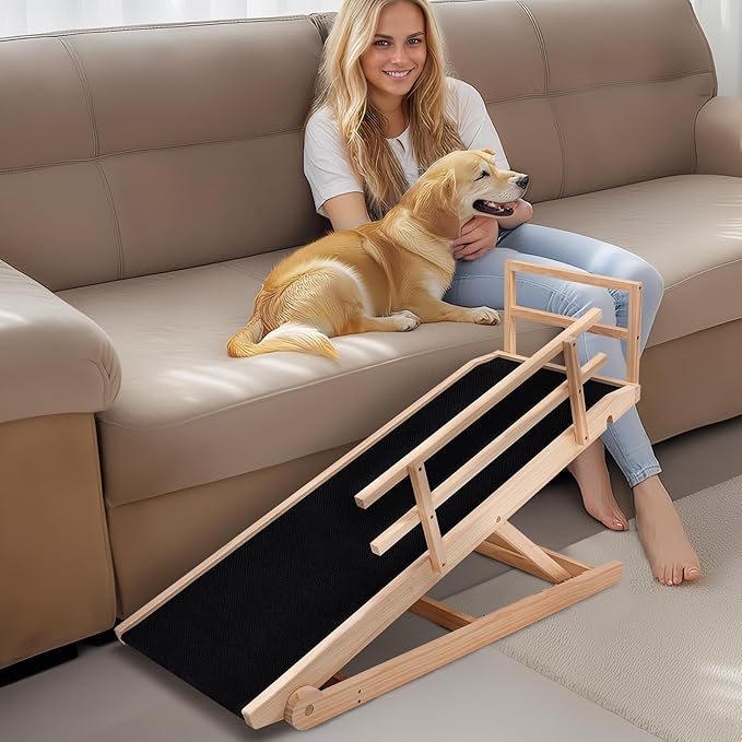 Dog Ramp, 5 Level Adjustable Wooden Folding Pet Ramp for Middle Bed, Couch,SUV-High Traction, Portable Paw Ramps for Small &amp; Large Old Dogs &amp; Cats - Furniture Quality