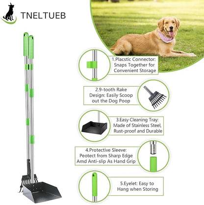 TNELTUEB Extra Large Dog Pooper Scooper, Metal Pet Poop Tray &amp; Rake Set, Adjustable Long Handle for Large Dogs - Great for Grass/Street/Gravel