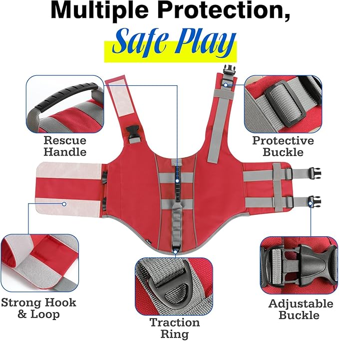 Pawaboo Dog Life Jacket, Reflective Dog Safety Vest Adjustable Pet Life Preserver with Strong Buoyancy &amp; Sturdy Rescue Handle, Ripstop Dog Lifesaver Vests for Swimming, Boating, L, Red