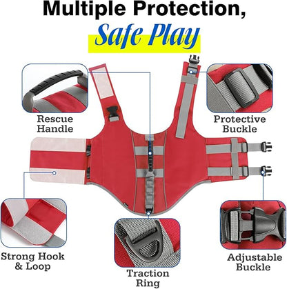 Pawaboo Dog Life Jacket, Reflective Dog Safety Vest Adjustable Pet Life Preserver with Strong Buoyancy &amp; Sturdy Rescue Handle, Ripstop Dog Lifesaver Vests for Swimming, Boating, L, Red