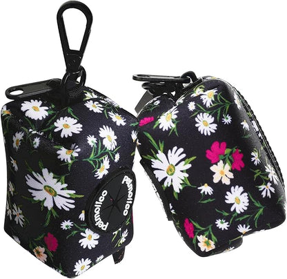 Petmolico Dog Poop Bag Holder Leash Attachment, Dog Waste Bag Dispenser Zippered Pouch, Fits Any Dog Leash, Includes Free Roll of Dog Bags, Poop Bag Dispenser - 2 Packs (White Daisy)