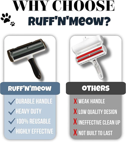 Ruff’N’Meow Pet Hair Remover Tool – Reusable Lint Roller for Dog &amp; Cat Hair – Multi-Surface Fur Remover for Couch, Furniture, Carpet, Bedding &amp; Car – Portable Pet Owner Essential – Built-in Fur Bin