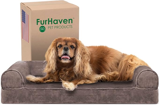 Furhaven Cooling Gel Dog Bed for Medium/Small Dogs w/ Removable Bolsters &amp; Washable Cover, For Dogs Up to 35 lbs - Faux Fur &amp; Velvet Sofa - Driftwood Brown, Medium