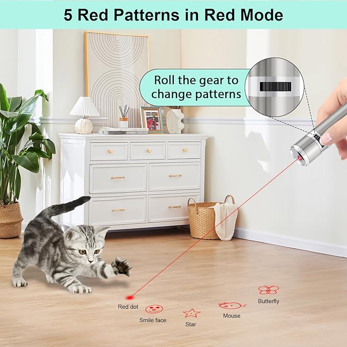 TBTeek Cat Toys, USB Rechargeable Kitten Toy, 3 Light Modes &amp; 5 Adjustable Patterns, Portable Interactive Pet Dog Cat Mouse Toy for Fun Chase Play Exercise
