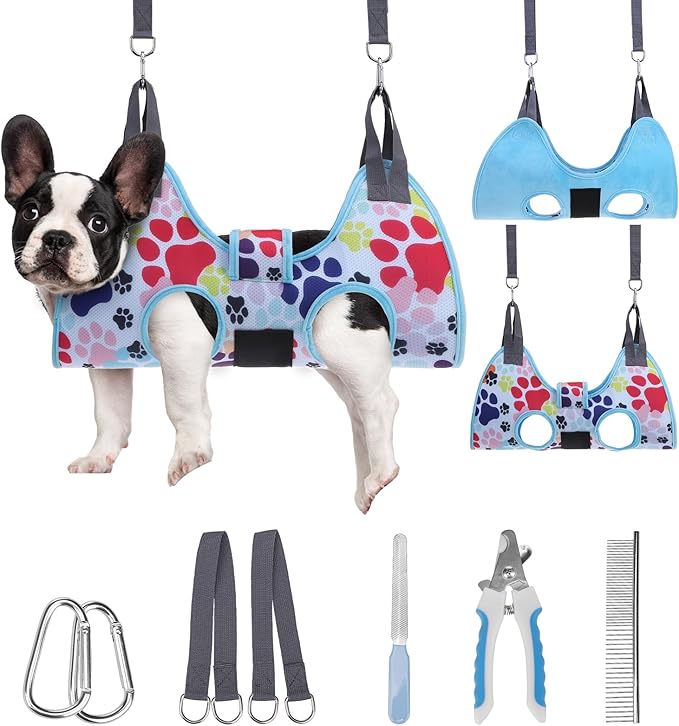 PAWCHIE Dog Grooming Hammock Harness for Dogs &amp; Cats with Pet Nail Clipper Trimmer - Cat Hanger Sling for Trimming Clipping Nails- Dog Hammock Restraint Bag for Small Medium Large Dog, Blue S