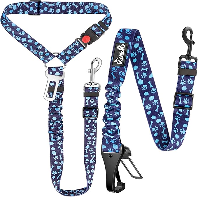 Lukovee Dog Seatbelt Leash for Cars, 2 Pack Pet Safety Car Seat Belt with Adjustable Buckle &amp; Reflective Bungee, Connect Dog Harness in Vehicle Car Dogs Restraint Travel Daily Use (Blue Paw)