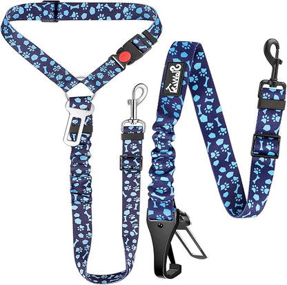 Lukovee Dog Seatbelt Leash for Cars, 2 Pack Pet Safety Car Seat Belt with Adjustable Buckle &amp; Reflective Bungee, Connect Dog Harness in Vehicle Car Dogs Restraint Travel Daily Use (Blue Paw)