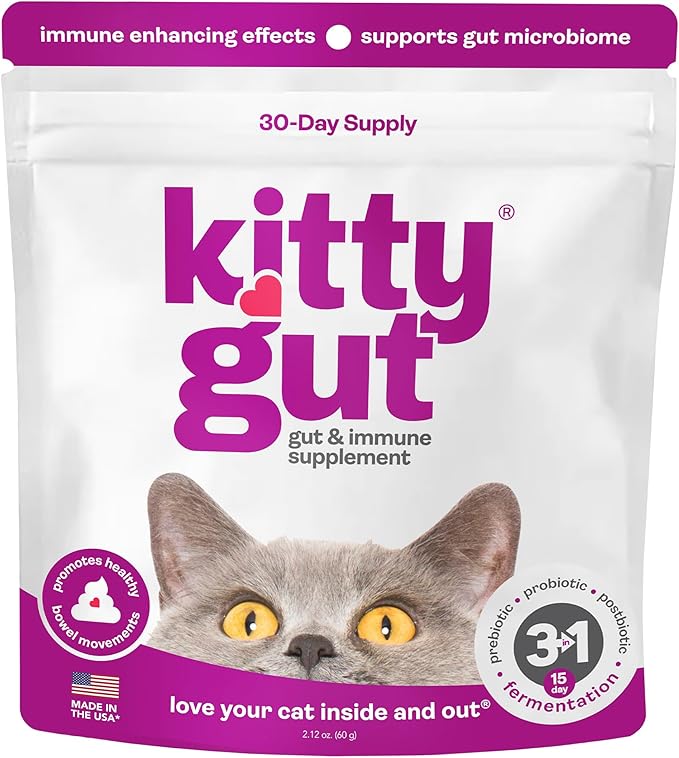 KittyGut 3-in-1 Organic Cat Probiotics &amp; Postbiotic Supplement Powder- Made in USA-Probiotics for Cats Promote Gut Health and Cat Digestive Support, Diarrhea and Vomiting (60g)