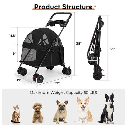 Foldable Pet Stroller for Small/Medium Pets up to 22 lbs - Lightweight 4-Wheel Design with Sun Canopy, Storage Bag &amp; Breathable Mesh