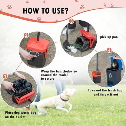 TIMINGILA 36" Pooper Scooper Swivel Bin &amp; Rake with 100 Dog Poop Bags,Adjustable Long Handle for No-Bend Cleanup,Portable Non-Breakable Dog Poop Scooper for Large Medium Small Dogs