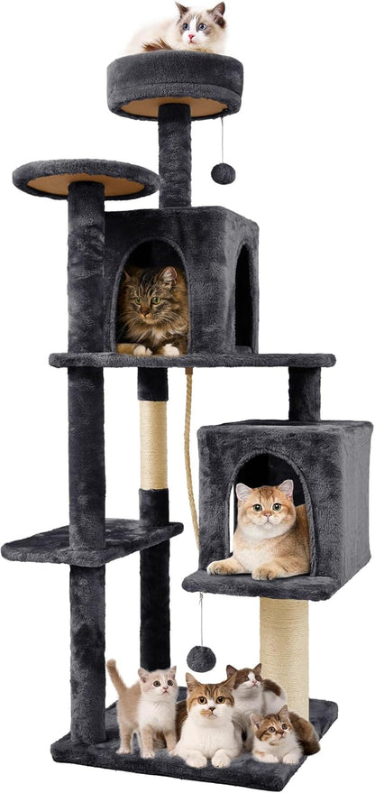 59in Large Cat Tree Tower for Indoor Cats with Soft Plush Hang Ball, Two Condos, Sisal Scratch Posts &amp; Rope Play for Kittens/Adult Cats, New Dark Grey