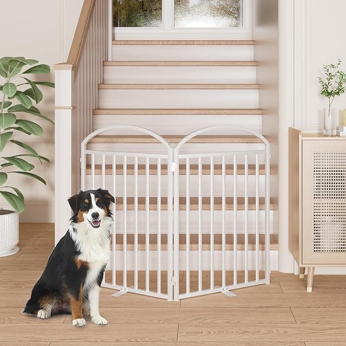 2 Panles Full Matel Freestanding Dog Gates with Door, 48"Extra Wide 32"Tall Free Standing Dog Pet Gate for Indoor &amp; Outdoor. Foldable Pet Fences for Doorways, House, Stairs, Porch, Deck, Yard