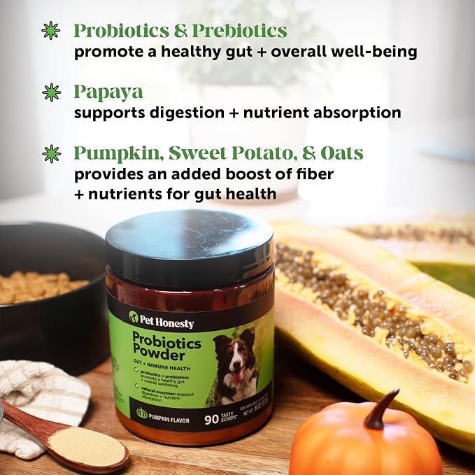 All-Natural Probiotic &amp; Pumpkin Powder Dog Supplement - Prebiotics, Probiotics, Enzymes &amp; Antioxidants for Healthy Gut Flora, Digestion &amp; Immunity (90 Scoops)