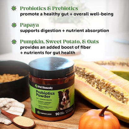 All-Natural Probiotic &amp; Pumpkin Powder Dog Supplement - Prebiotics, Probiotics, Enzymes &amp; Antioxidants for Healthy Gut Flora, Digestion &amp; Immunity (90 Scoops)