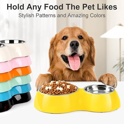 Elevated Dog Bowls Set - Non-Slip Raised Pet Feeder with Medium (2 Cups) &amp; Large (4 Cups) Stainless Steel Bowls - Includes Durable Resin Stand for Puppies, Adult Dogs &amp; Cats - Yellow