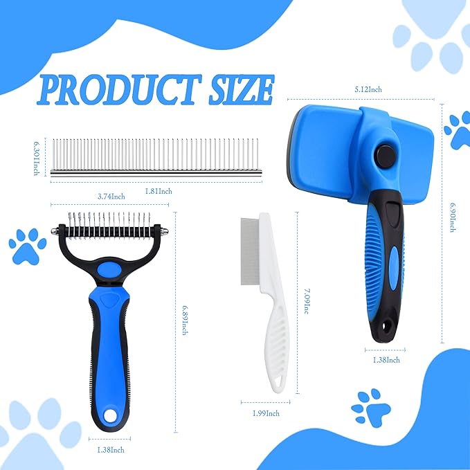 4 in 1 Cat Grooming Brush Self Cleaning Slicker Brush Dematting Tool for Dogs &amp; Cats Haired Pets Skin Friendly, Deshedding Tool, Suitable for Pet Supplies Accessories, Blue
