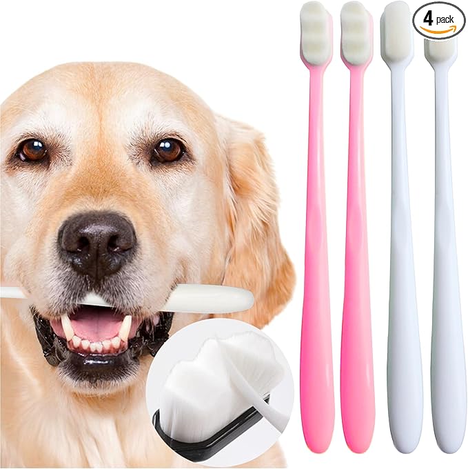 Dog Toothbrush Kit 4 Pack, 10,000 Ultra-Soft Bristles, Dog Tooth Brush for Medium to Large Dogs &amp; Cats, Pet Tooth Brushing Kit for Easy Dental Cleaning, 2 Pink Wave Head &amp; 2 White Flat Head