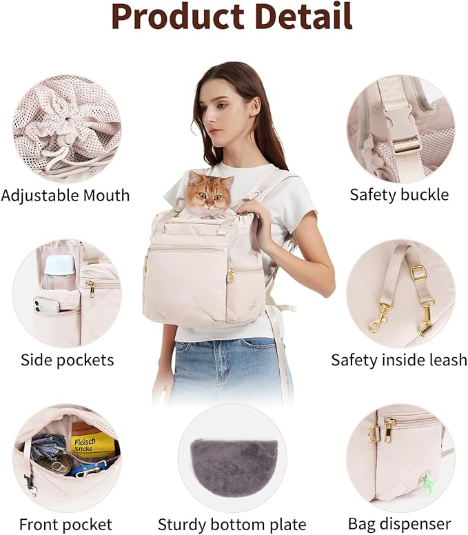OFY Cat Carrier Puffy Backpack Breathable Small Dog Front Backpack Large Space for Small Dogs, Drawstring &amp; Water-Resisant Pet Bag for Travel Hiking, Beige Gray Patent Pending