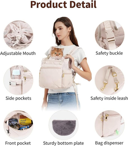 OFY Cat Carrier Puffy Backpack Breathable Small Dog Front Backpack Large Space for Small Dogs, Drawstring &amp; Water-Resisant Pet Bag for Travel Hiking, Beige Gray Patent Pending