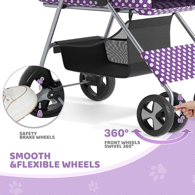 Magshion Foldable Pet Stroller, 3-in-1 Dog Travel Jogger with Detachable Carrier, Cup Holder, Storage Basket, Folding Carrier for Small/Medium Dogs &amp; Cats Up to 33 lbs, Purple Polka Dots