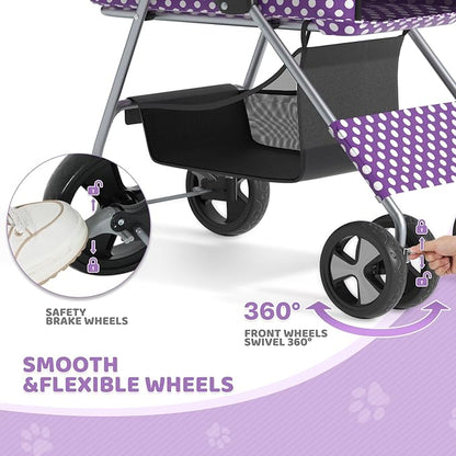 Magshion Foldable Pet Stroller, 3-in-1 Dog Travel Jogger with Detachable Carrier, Cup Holder, Storage Basket, Folding Carrier for Small/Medium Dogs &amp; Cats Up to 33 lbs, Purple Polka Dots