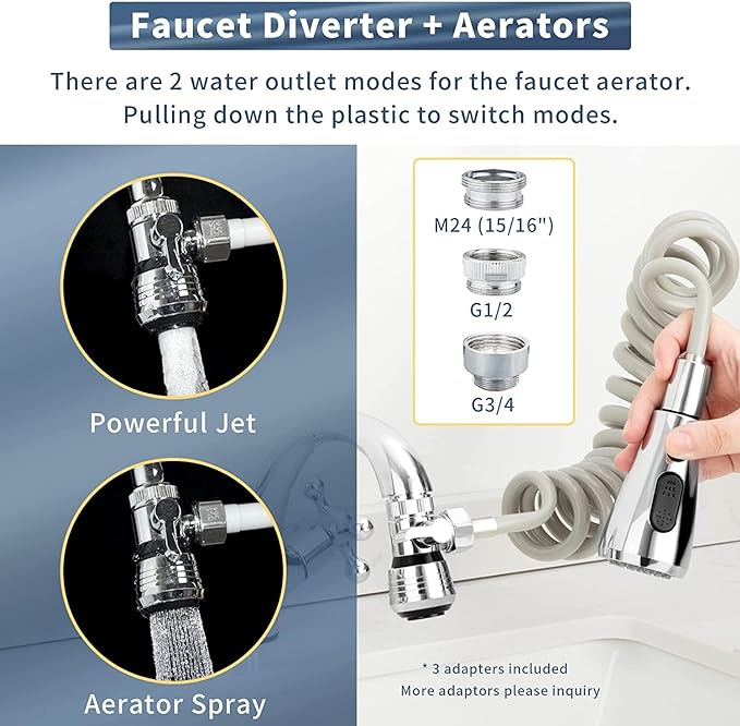CECEFIN Kitchen Sink Sprayer Hose Attachment for Faucet, Kitchen Faucet Head Replacement w/ 79" Recoil Hose and Holder, Pressurized Water Saving Aerator &amp; Diverter Valve, Faucet Sprayer Attachment Set