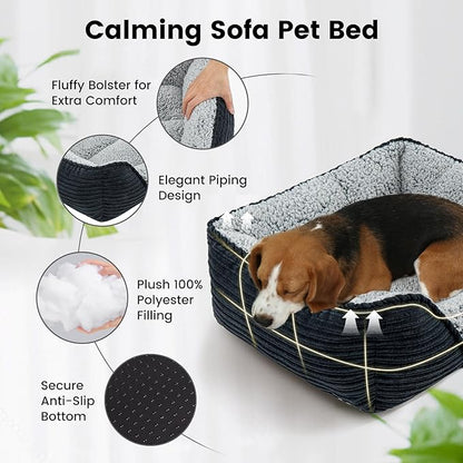 Miguel Washable Dog Bed for Small Dogs, Easy to Wash Cat Sofa Bed with High Sides, Rectangle Bolster Cat Bed Calming Cuddle Puppy Bed with Anti-Slip Bottom, Black 20 Inch