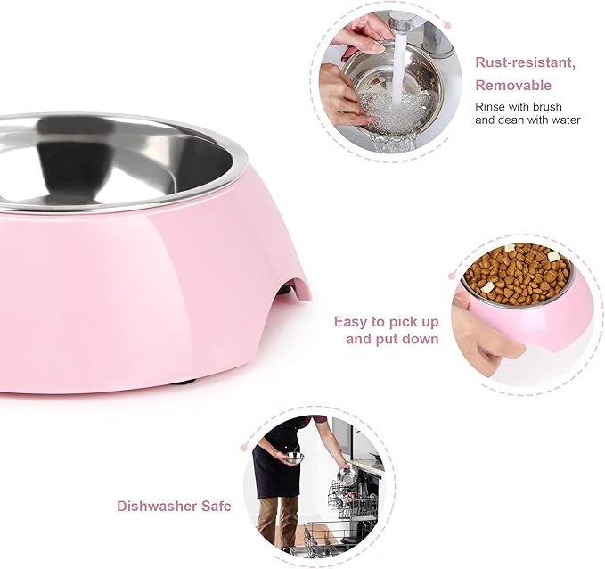 Double Dog Bowls Set – Non-Slip Pet Food &amp; Water Dishes with Resin Stand, Includes Small (1 Cup) &amp; Medium (2 Cups) Bowls – Ideal for Puppies, Cats, and Medium Dogs – Pink