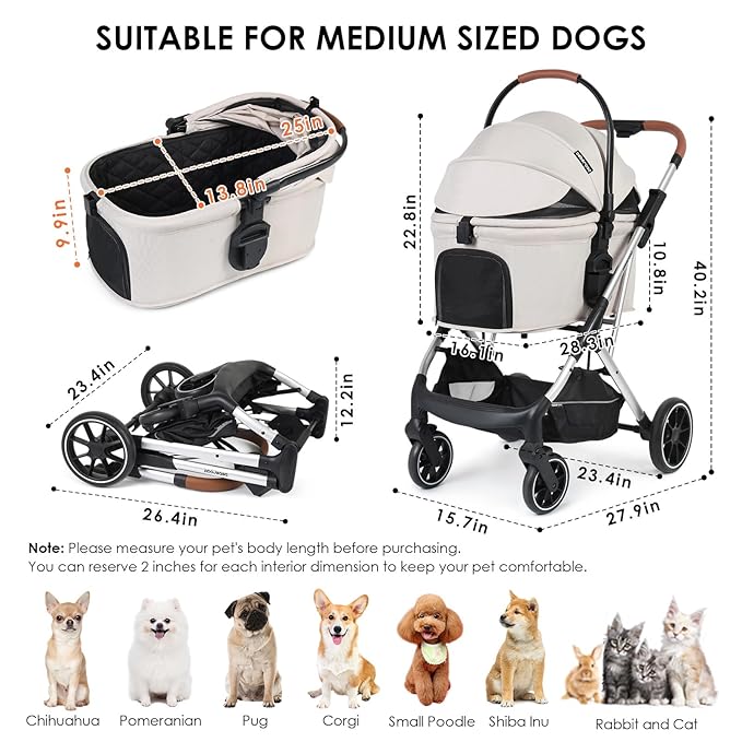 T6 Luxury Pet Stroller for Medium Dogs Up to 66lbs or 2 Small Pets – 3-in-1 Dog &amp; Cat Stroller with Removable Carrier, Foldable &amp; Lightweight (Beige)