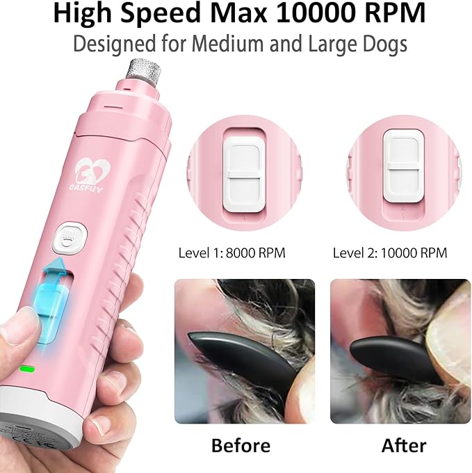 Casfuy Dog Nail Grinder with 2 LED Light for Large Medium Small Dogs - 3X More Powerful 2-Speed Electric Pet Nail Trimmer Rechargeable Quiet Painless Paws Grooming &amp; Smoothing Tool