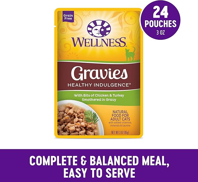 Wellness Healthly Indulgence Gravy Adult Wet Cat Food, Natural, Protein-Rich, Grain Free, 3 Ounce Pouch, 24 Pack, (Chicken &amp; Turkey)